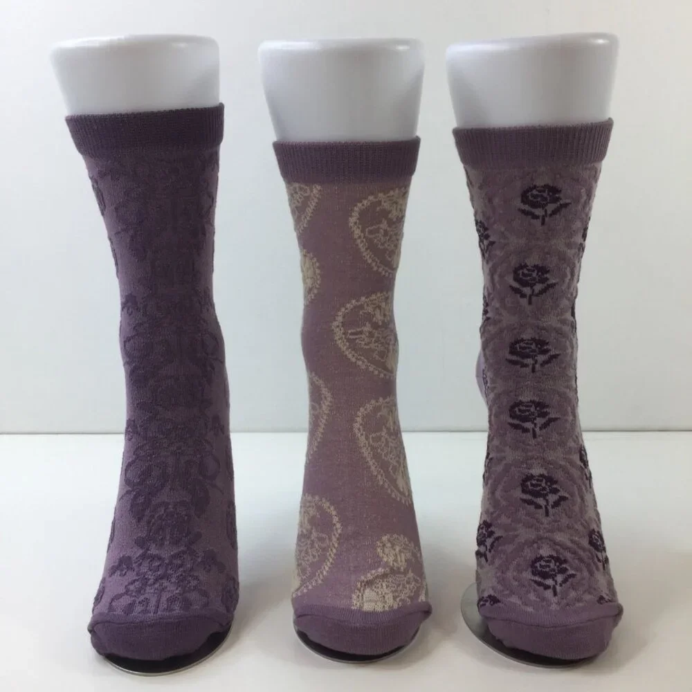 Womens Crew Socks 3 Pack Floral Paisley Designs Purple White